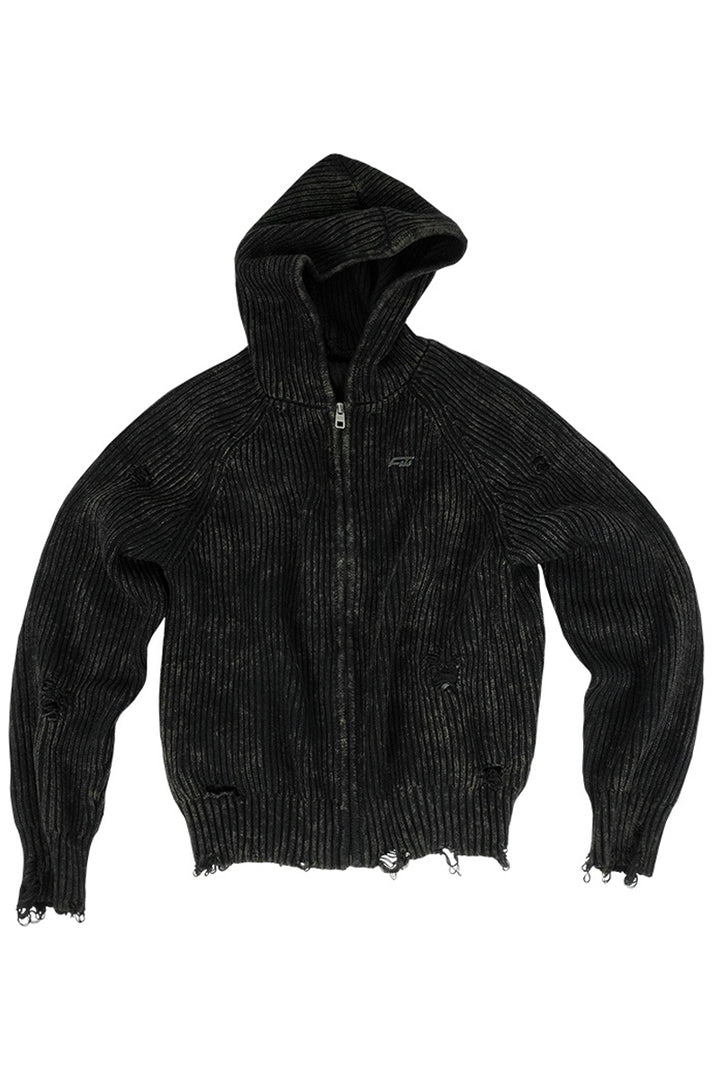 Washed Distressed Ribbed Knit Hoodie