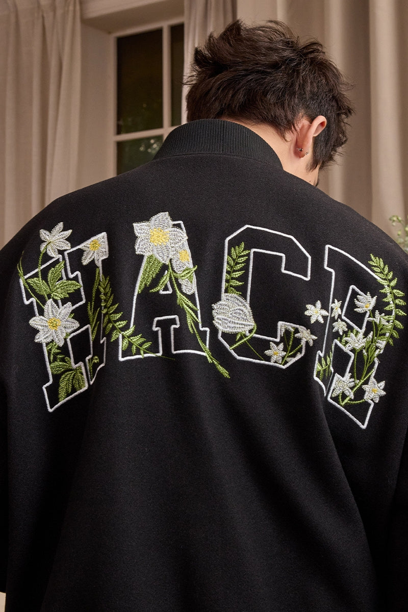 Floral Script Embroidery Varsity Jacket