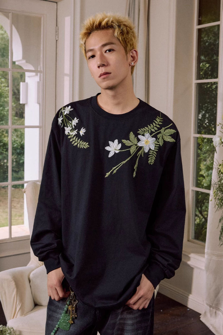 Floral Embroidered Oversized Long Sleeve Tee