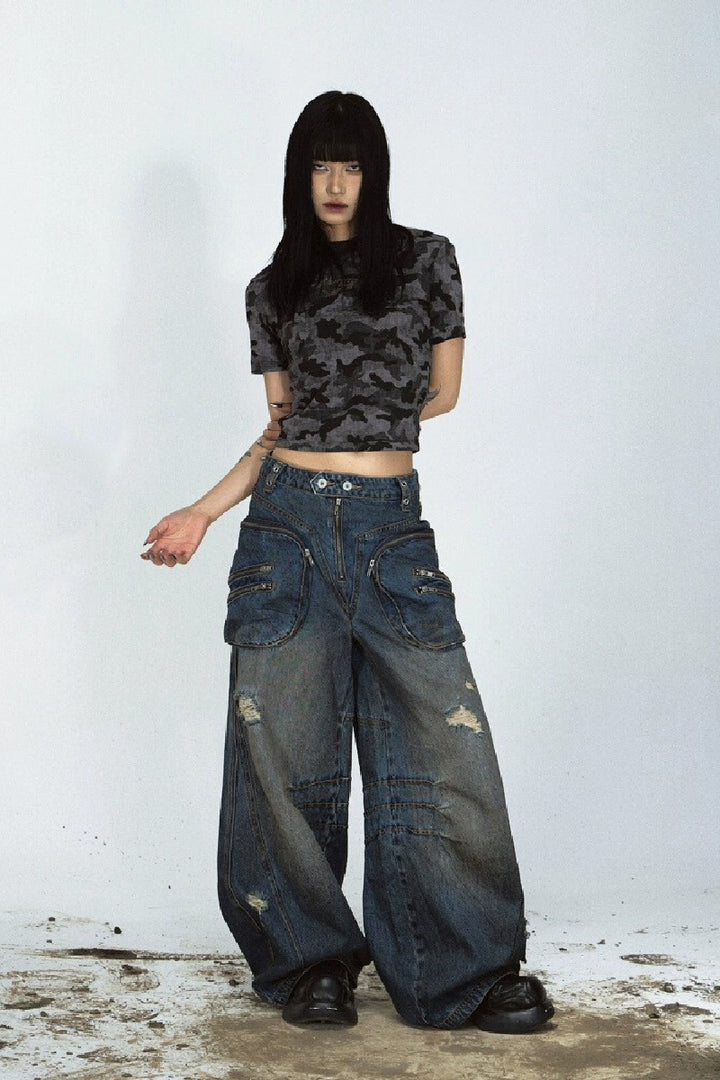 Distressed Stained Wide-Leg Jeans