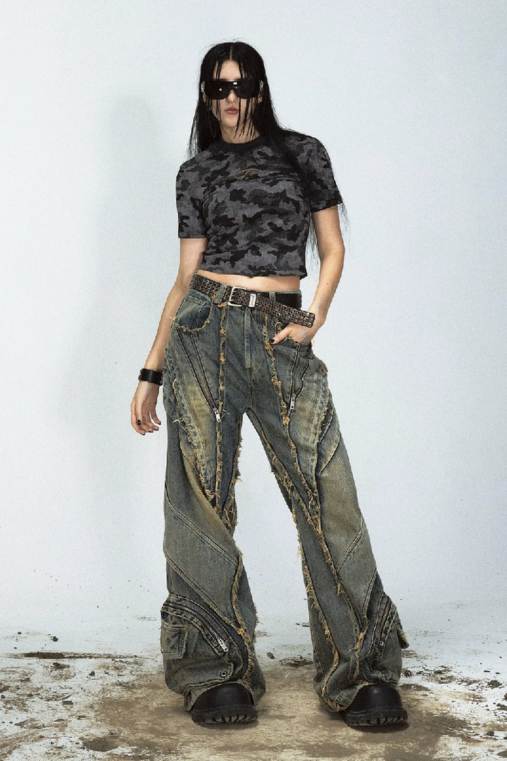 Distressed Patchwork Wide-Leg Jeans