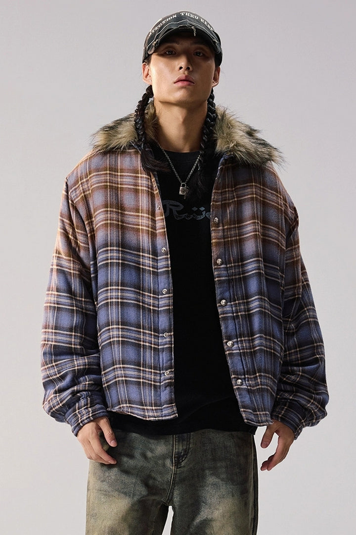 Gradient Plaid Faux Fur Puffer Jacket