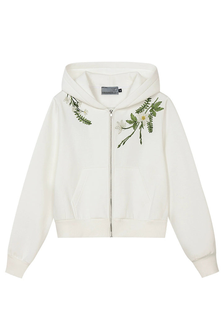 Floral Embroidery Crop Zip Hoodie