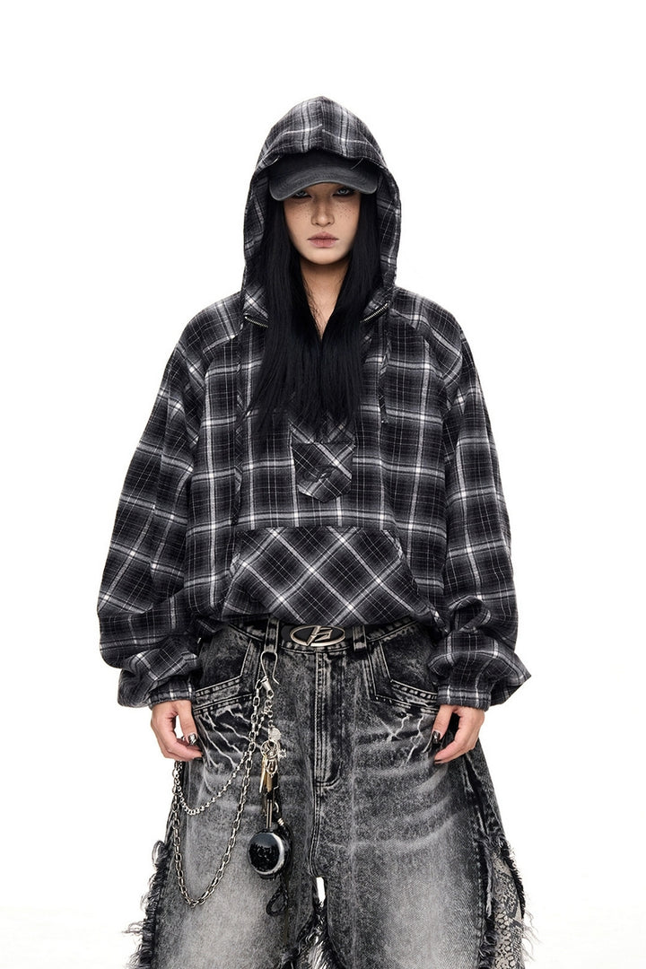 Plaid Contrast Drawstring Half-Zip Hoodie