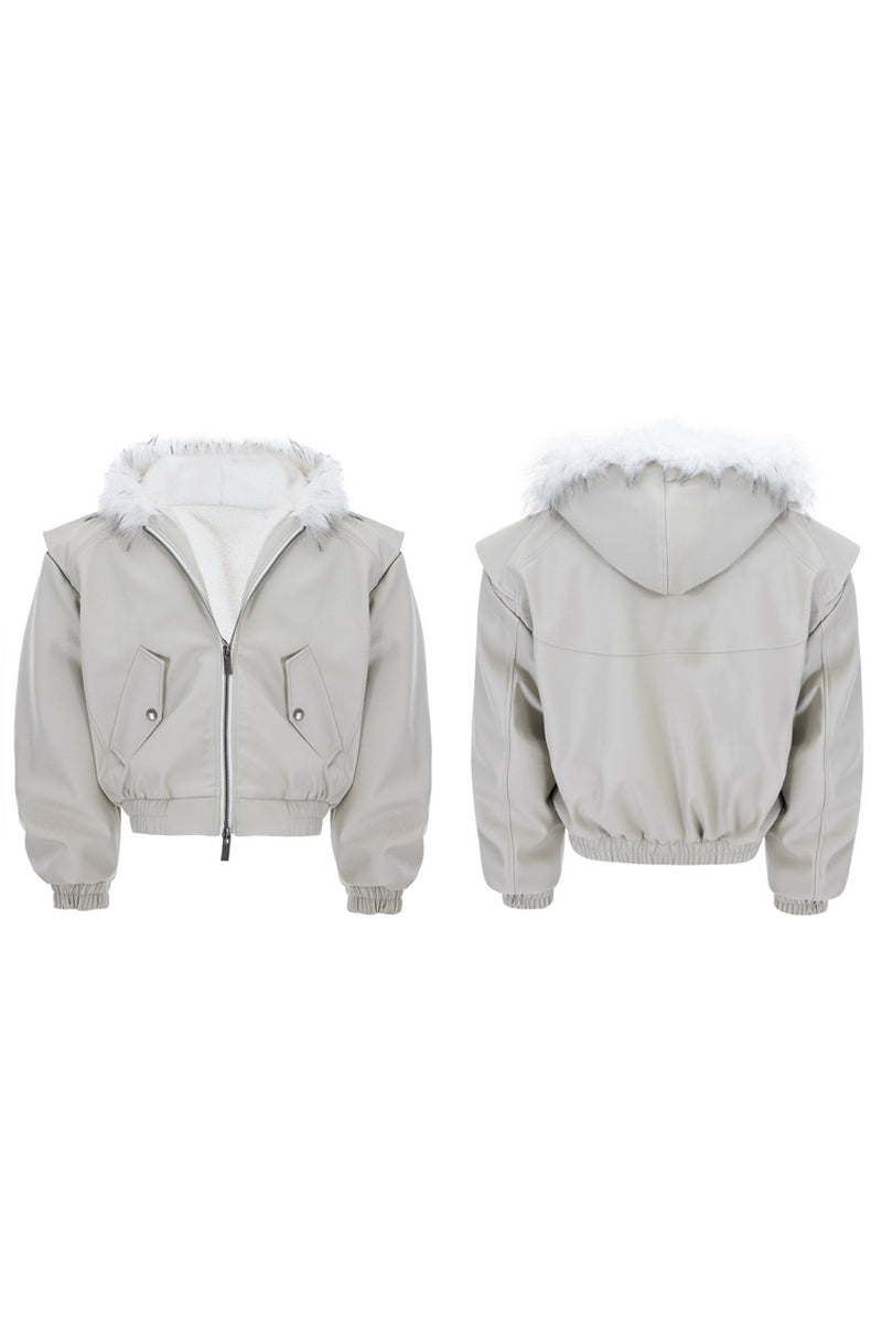 Reversible Faux Fur Hooded PU Jacket