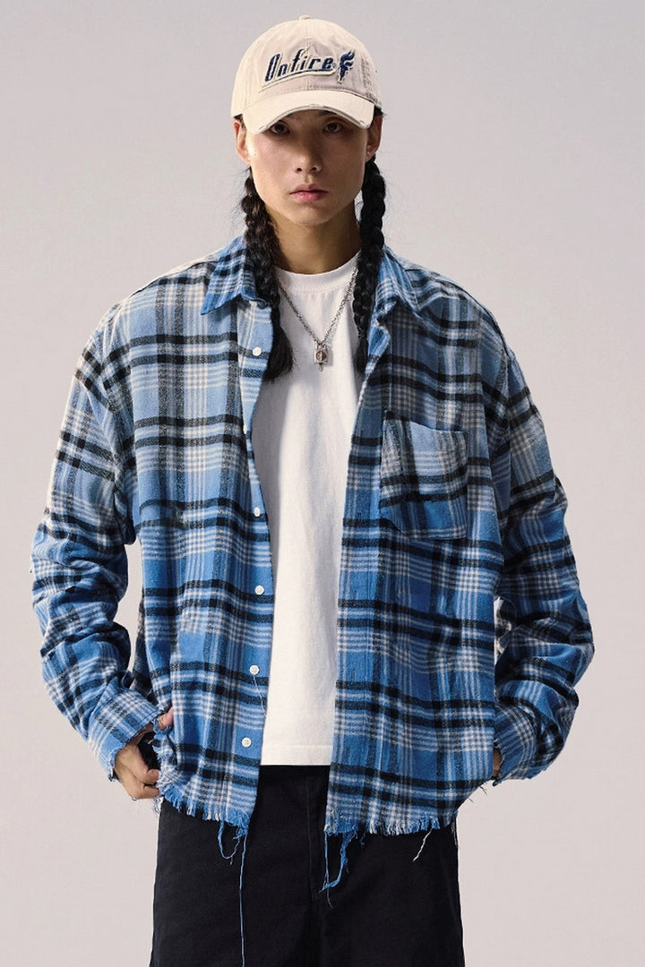 Washed Gradient Fringe Plaid Shirt