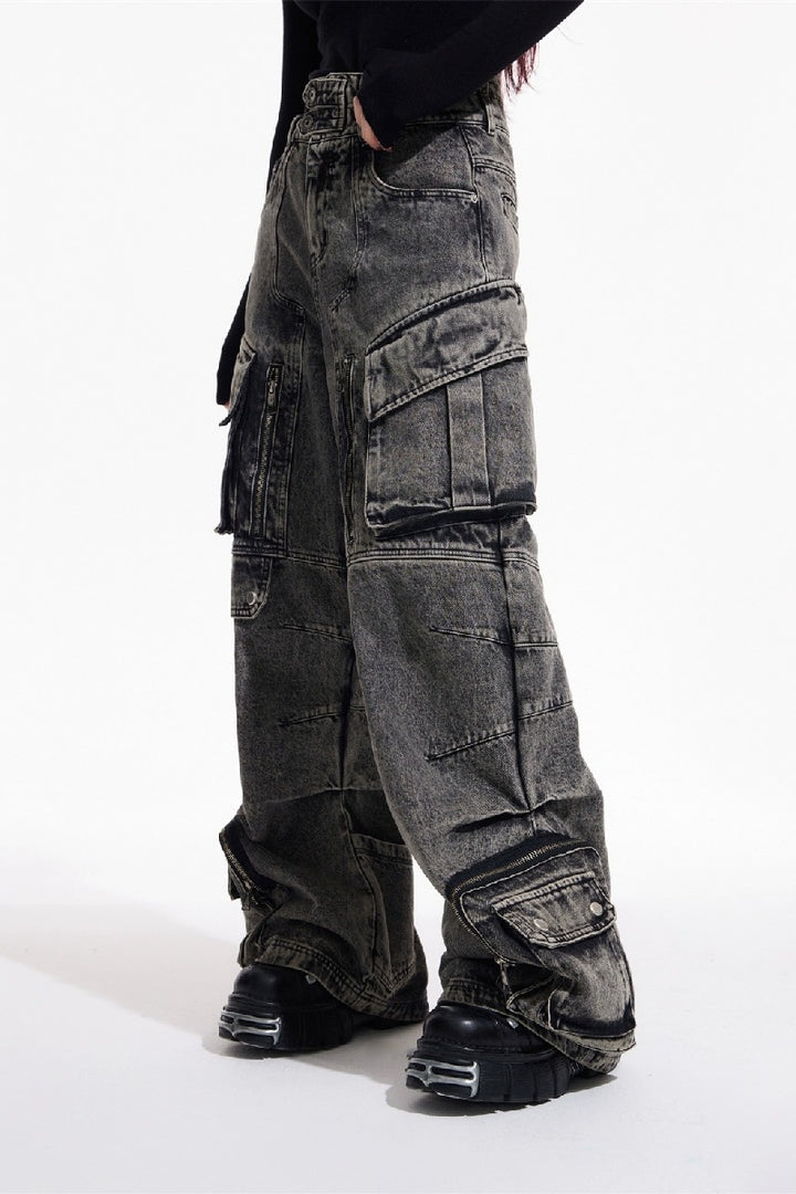 Vintage Washed Multi-Pocket Cargo Jeans