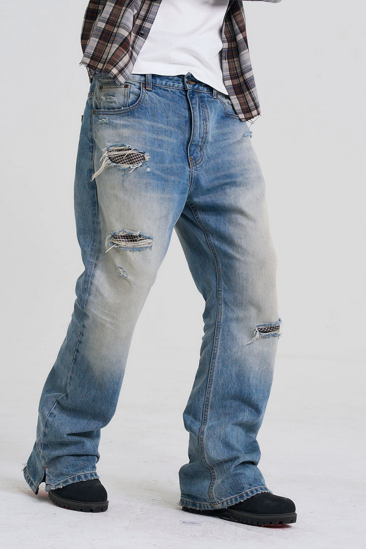 Distressed Patchwork Straight Jeans