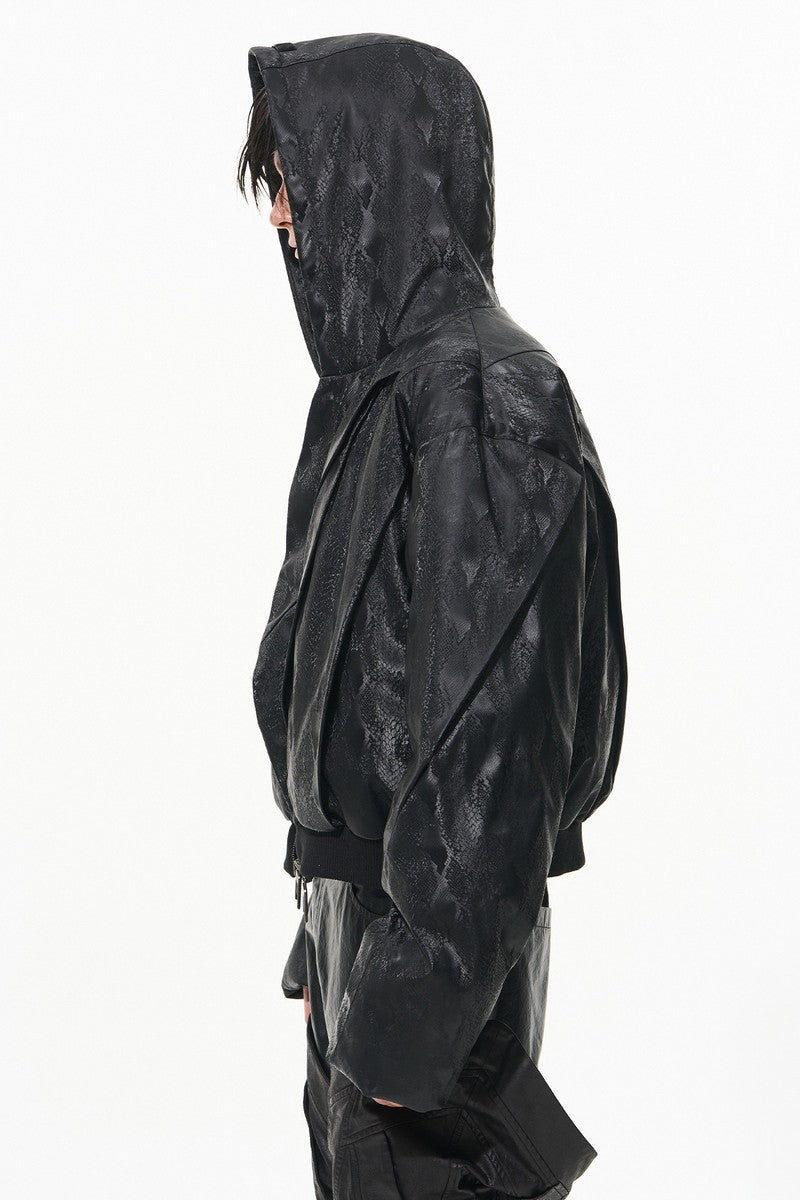 Snake Textured Pleated Hooded Jacket