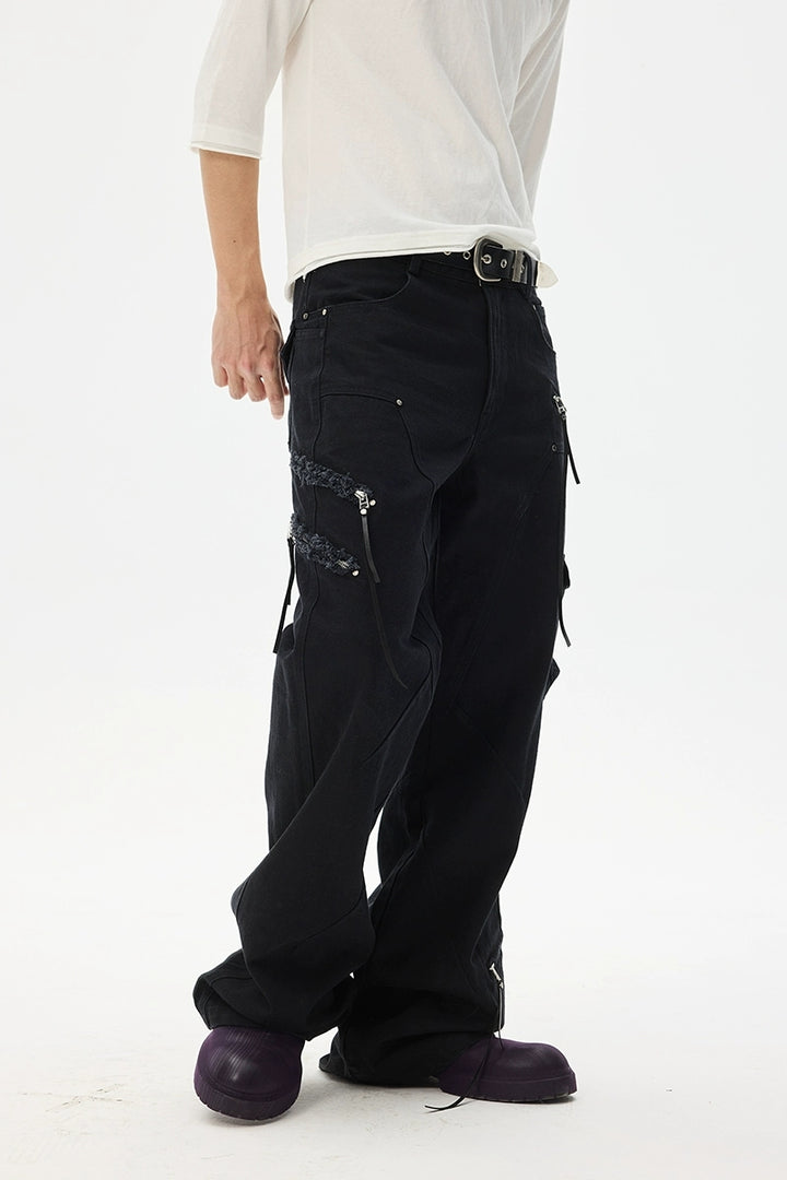 Asymmetric Zip Washed Flared Cargo Jeans