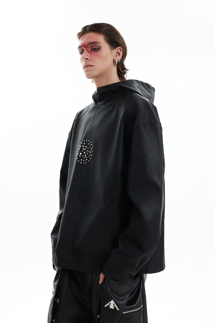 Studded Oversized PU Leather Punk Hoodie