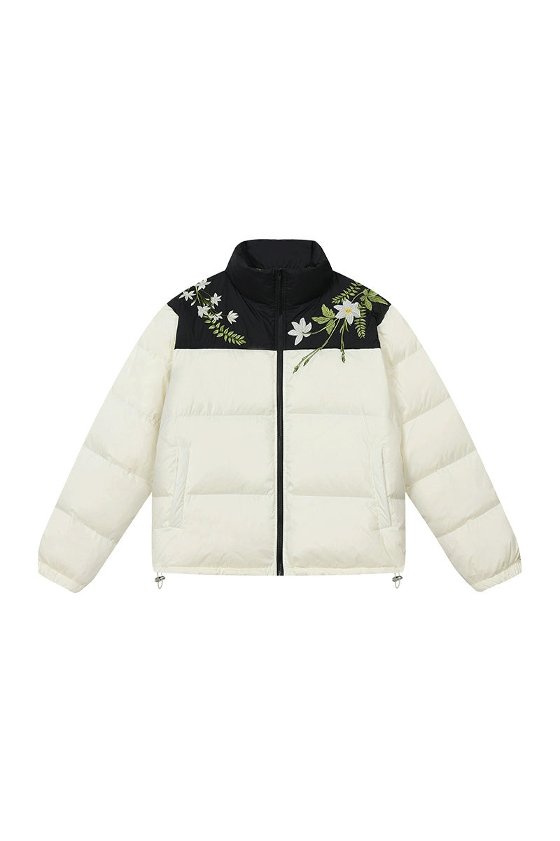 White Floral Wreath Embroidered Puffer