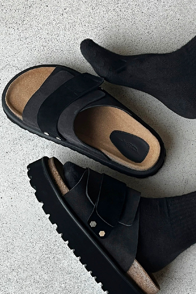 靴 HANQIAORIJI Draped Leather Mule Sandals Thick Sole Mule Slip-Ons - Hanqiaoriji – Copping Zone