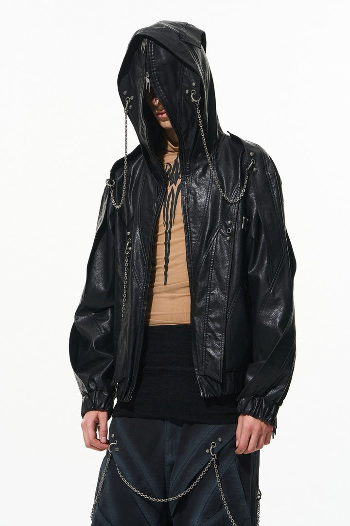 Metal Chain Hooded Leather Jacket