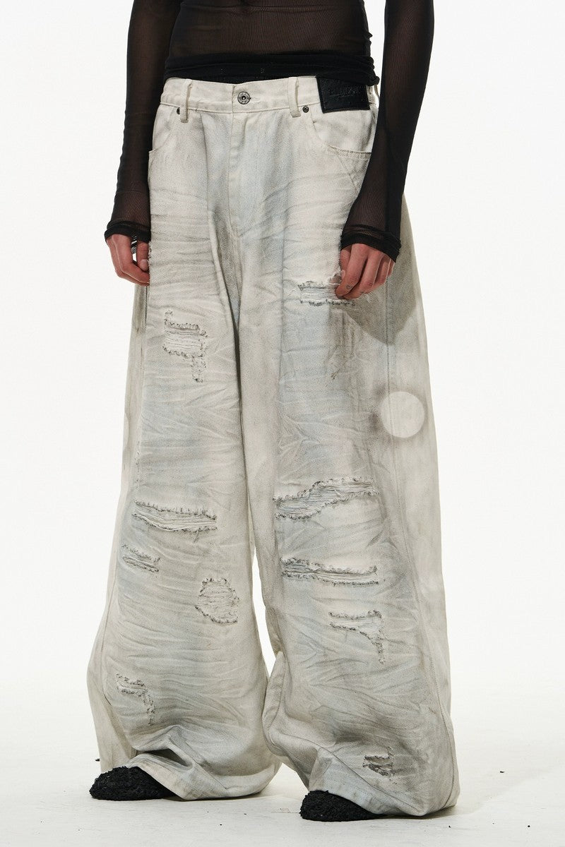 Distressed Wash White Ripped Pants