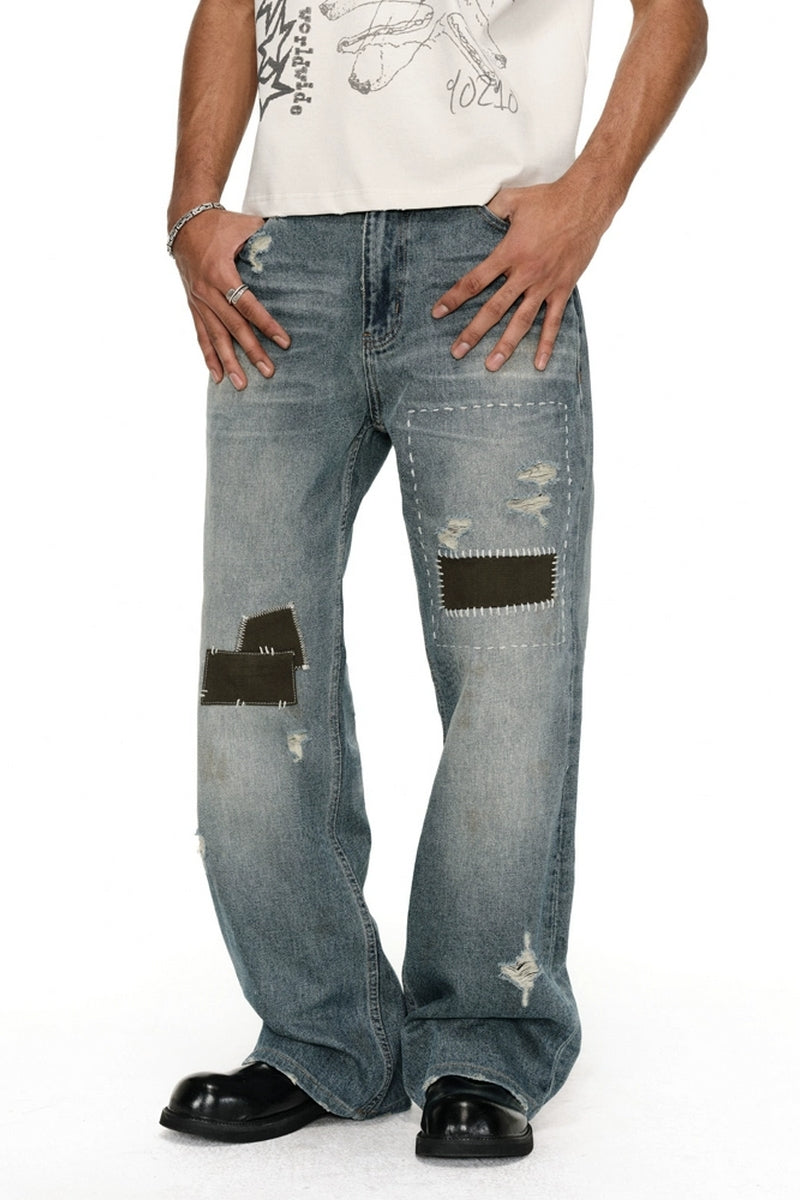 Washed Whisker Patchwork Straight Jeans