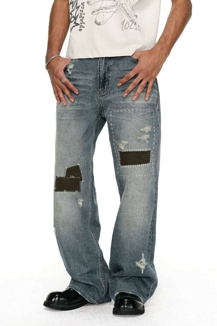 Washed Whisker Patchwork Straight Jeans