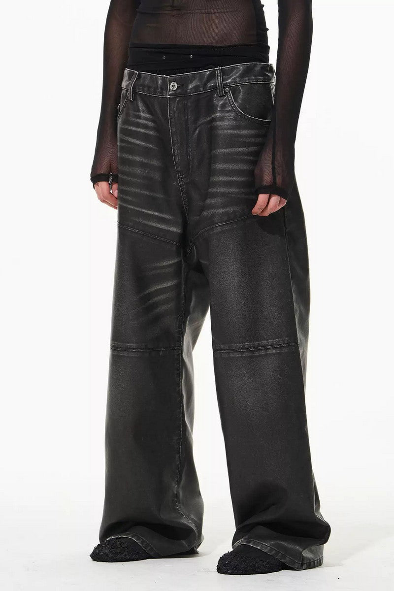 Distressed Wash Leather Drawstring Pants