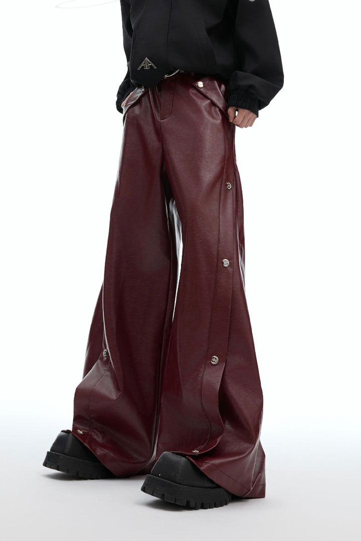 Metal Button Pleated Leather Wide-Leg Pants