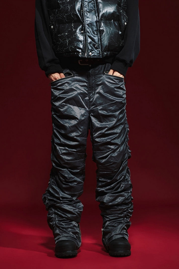 Wrinkled Straight-Leg Zipper Pants