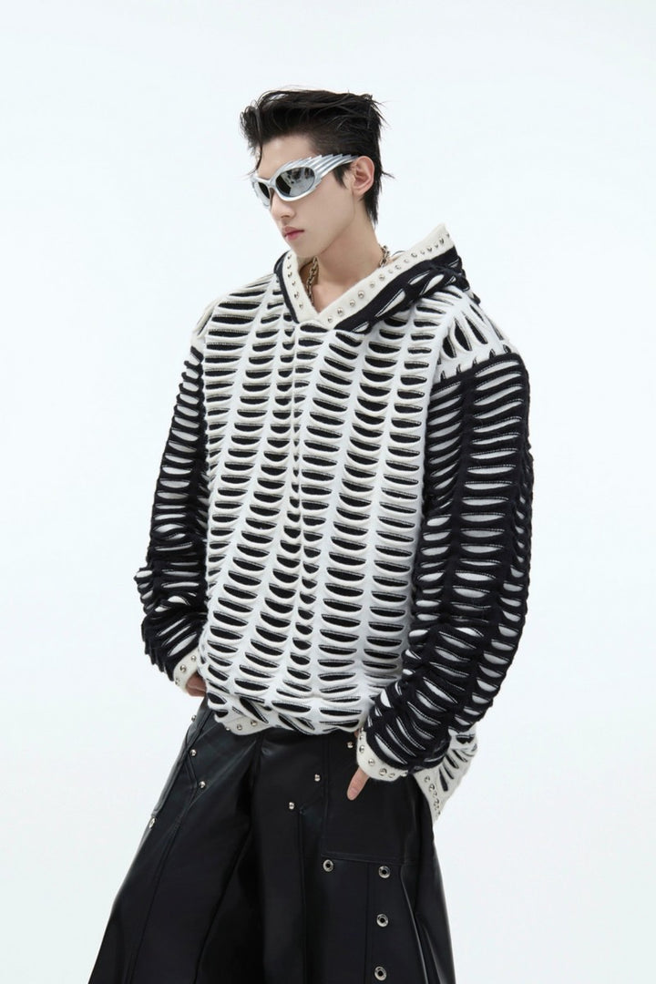 Distressed Patchwork Knit Hoodie with Metal Studs