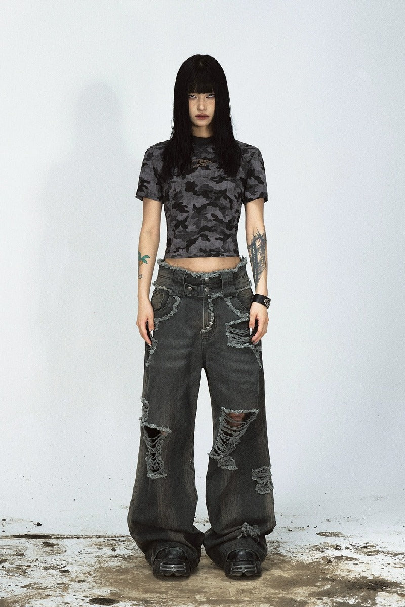 Frayed Distressed Loose Fit Jeans