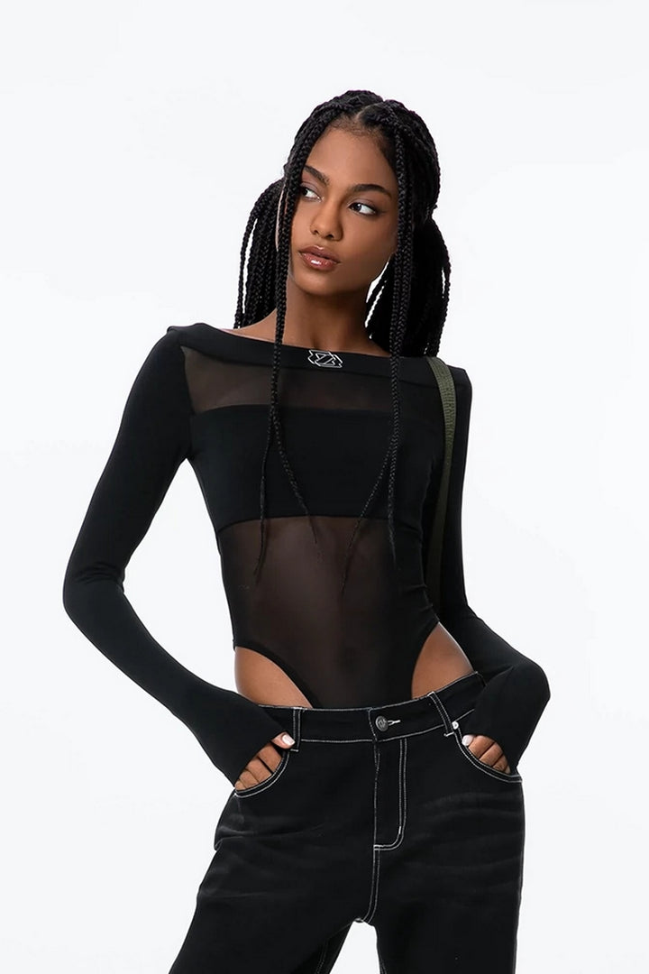 Mesh Patchwork Long-Sleeve Bodysuit