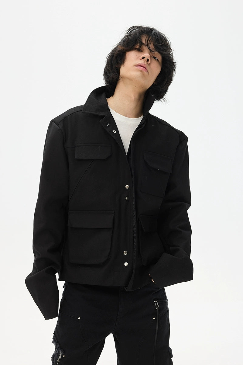 Asymmetric Washed Multi-Pocket Short Jacket