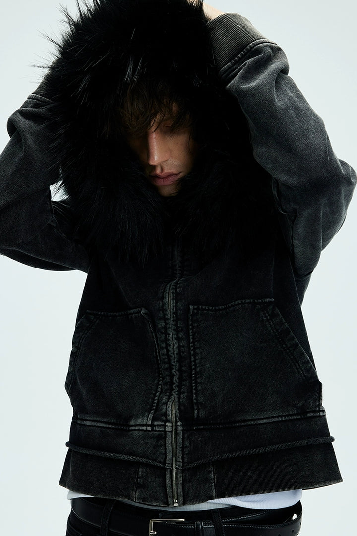 Detachable Fur Collar Washed Zip Hoodie