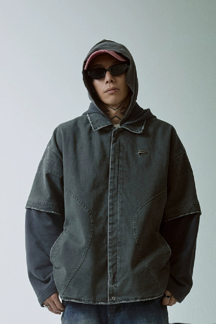 Layered Washed Hooded Shirt Jacket