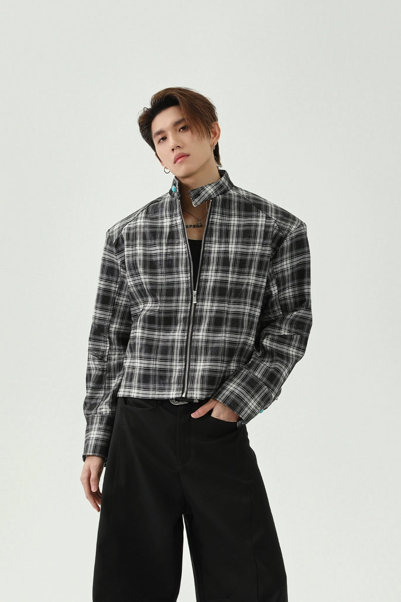 Plaid Stand Collar Padded Shoulder Jacket