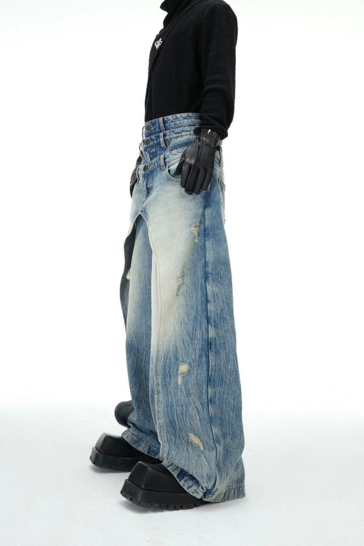 Layered Distressed Washed Blue Jeans