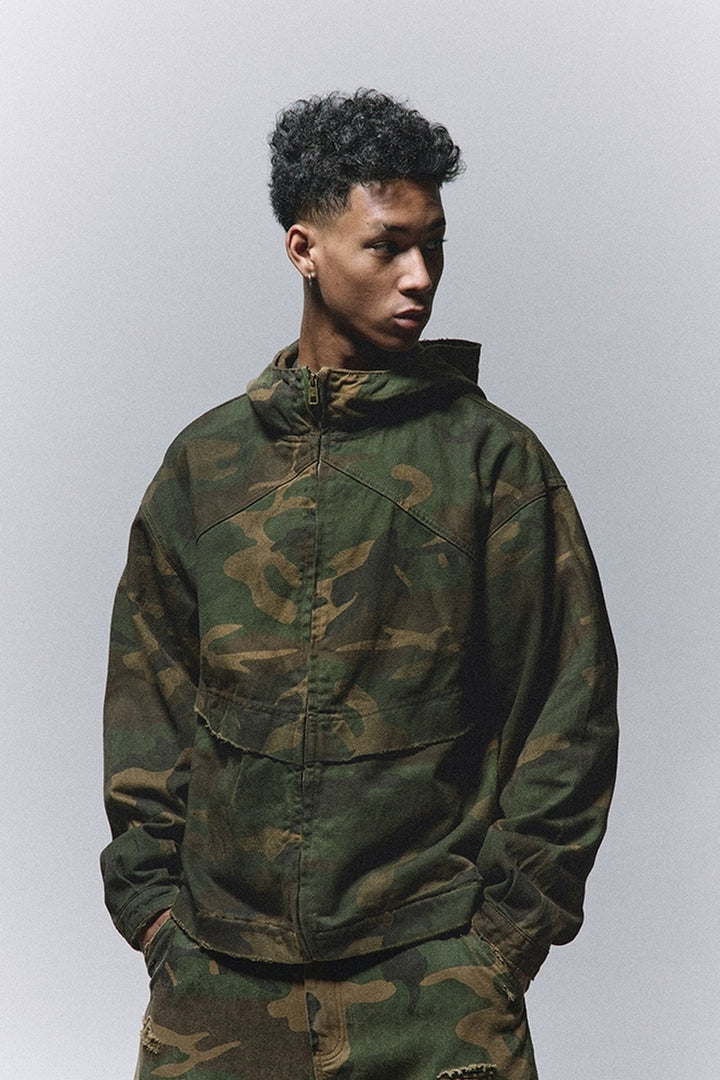 Camo Distressed Hooded Jacket