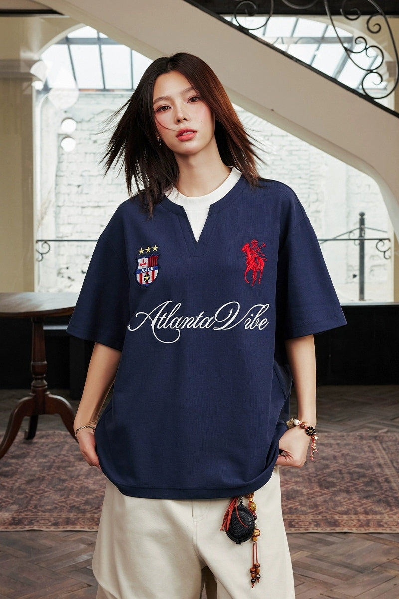 Layered Retro Sports Embroidered Tee