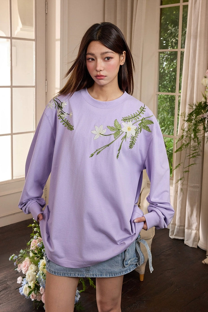 Botanical Embroidery Long Sleeve Tee