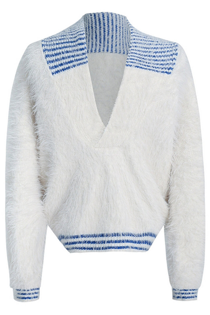 V-Neck Colorblock Fuzzy Knit Sweater