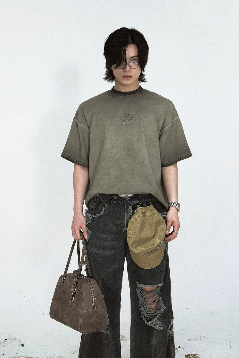 Patchwork Washed Loose Gray T-Shirt