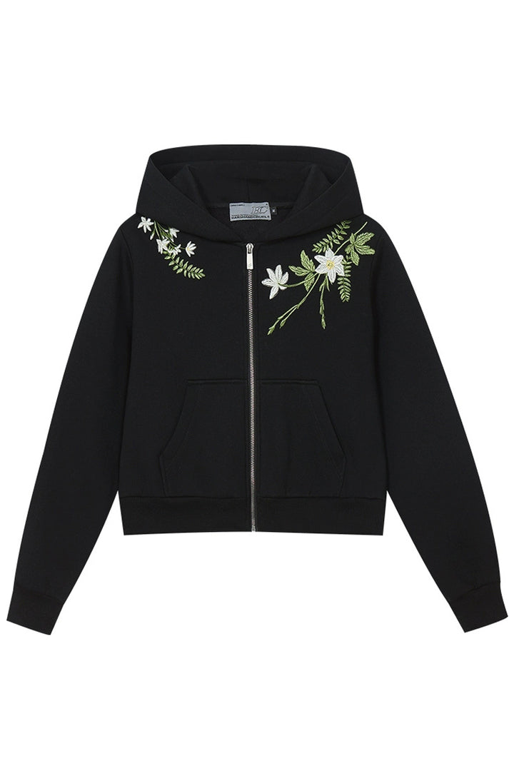 Floral Embroidery Crop Zip Hoodie