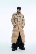 Belted Patchwork Long Puffer Coat