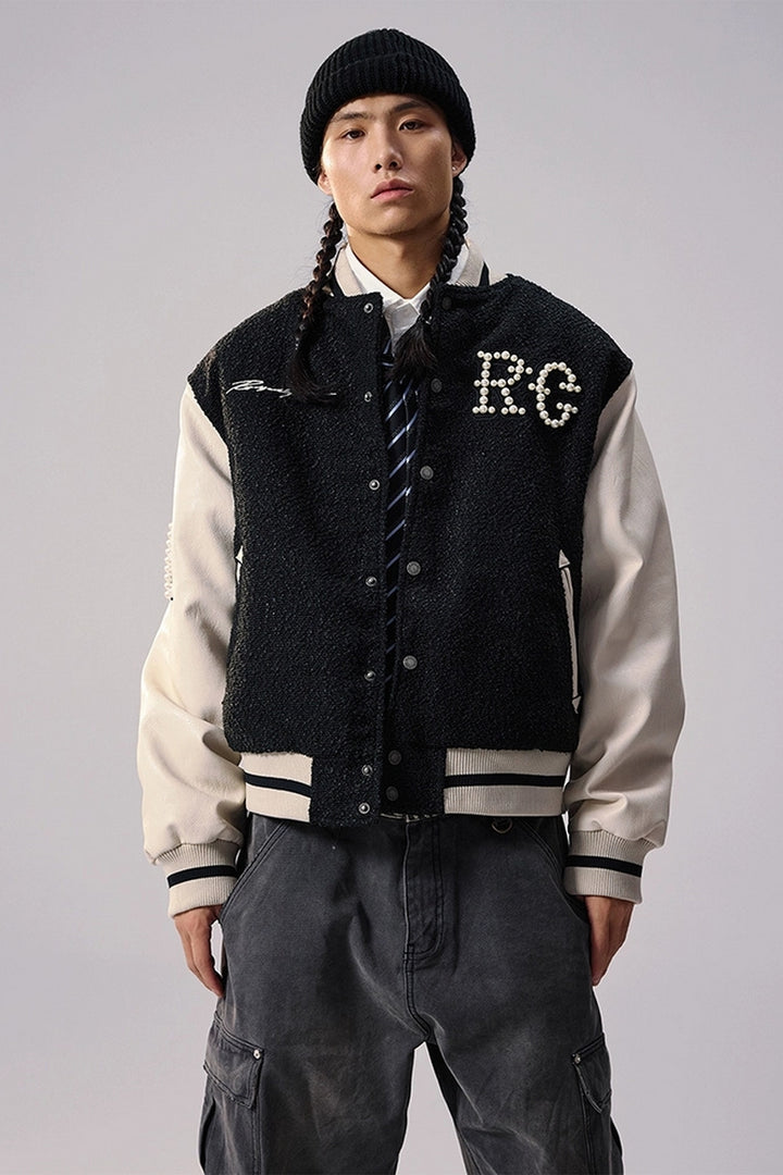 Pearl Detail PU Leather Varsity Jacket