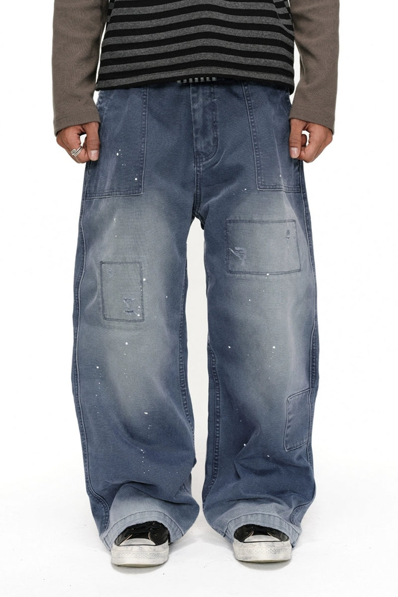 Distressed Patchwork Paint-Splatter Work Pants