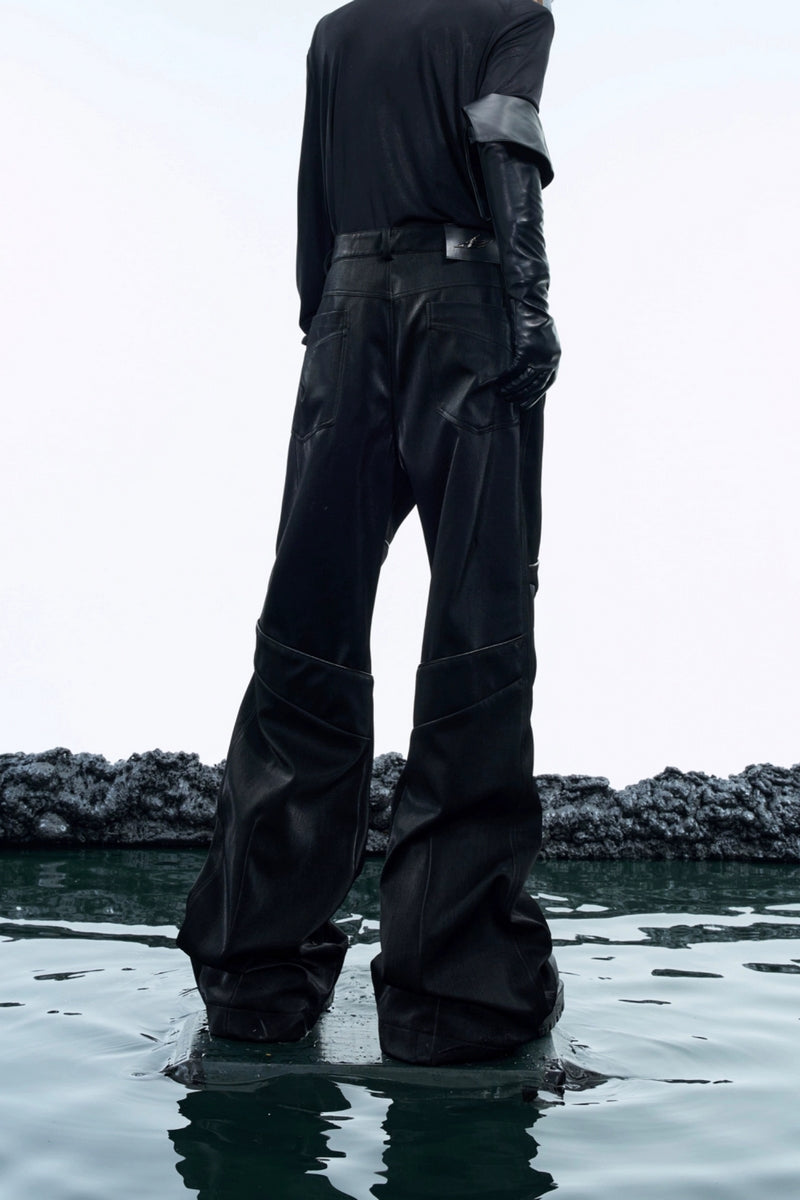 Crinkled Liquid Shine Straight-Leg Leather Pants