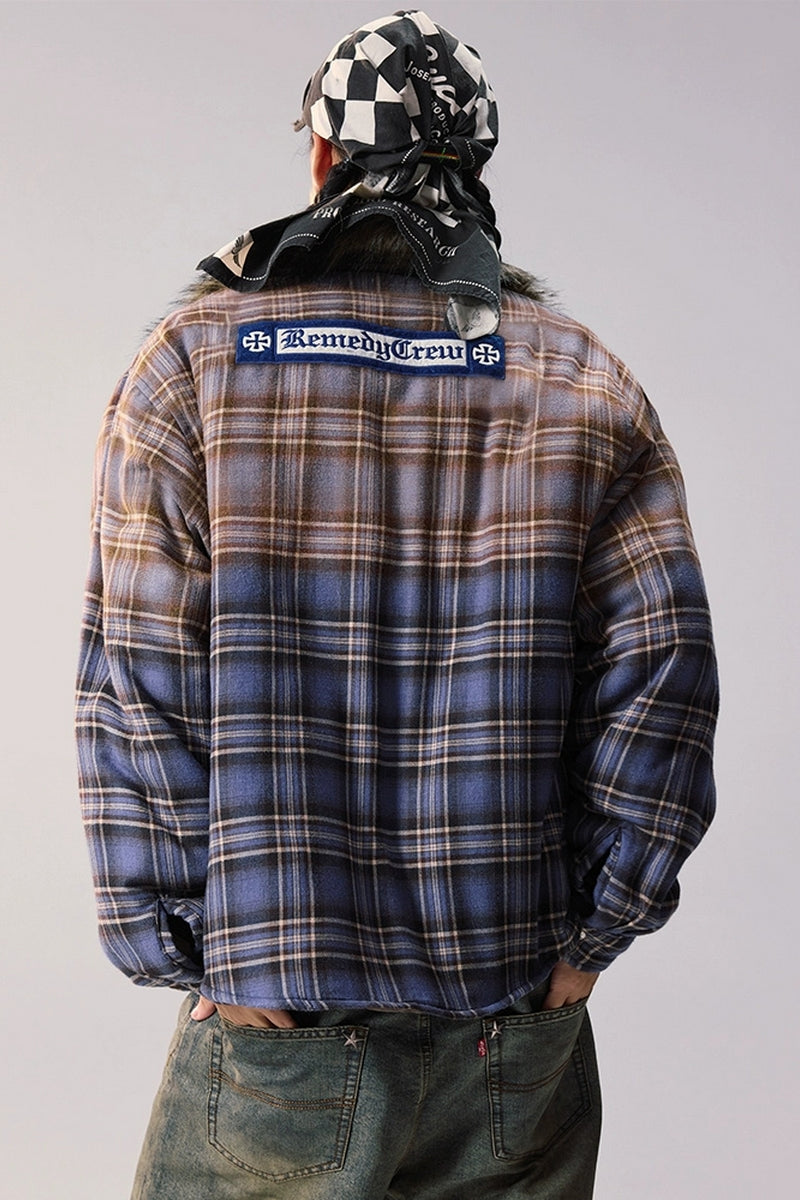 Gradient Plaid Faux Fur Puffer Jacket