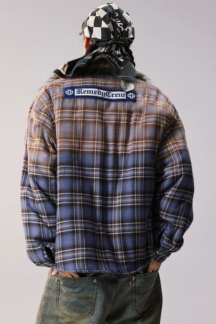 Gradient Plaid Faux Fur Puffer Jacket