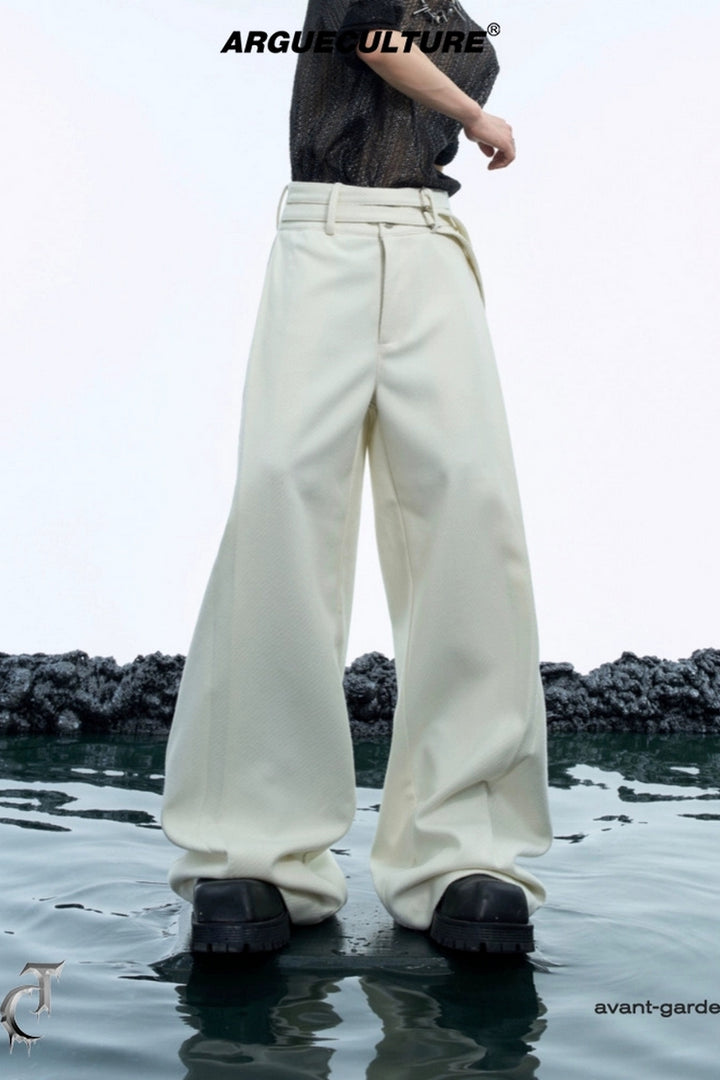 Double-Belt Wool Wide-Leg Trousers