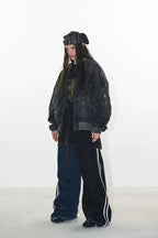 Distressed Wash Splatter Bomber Jacket