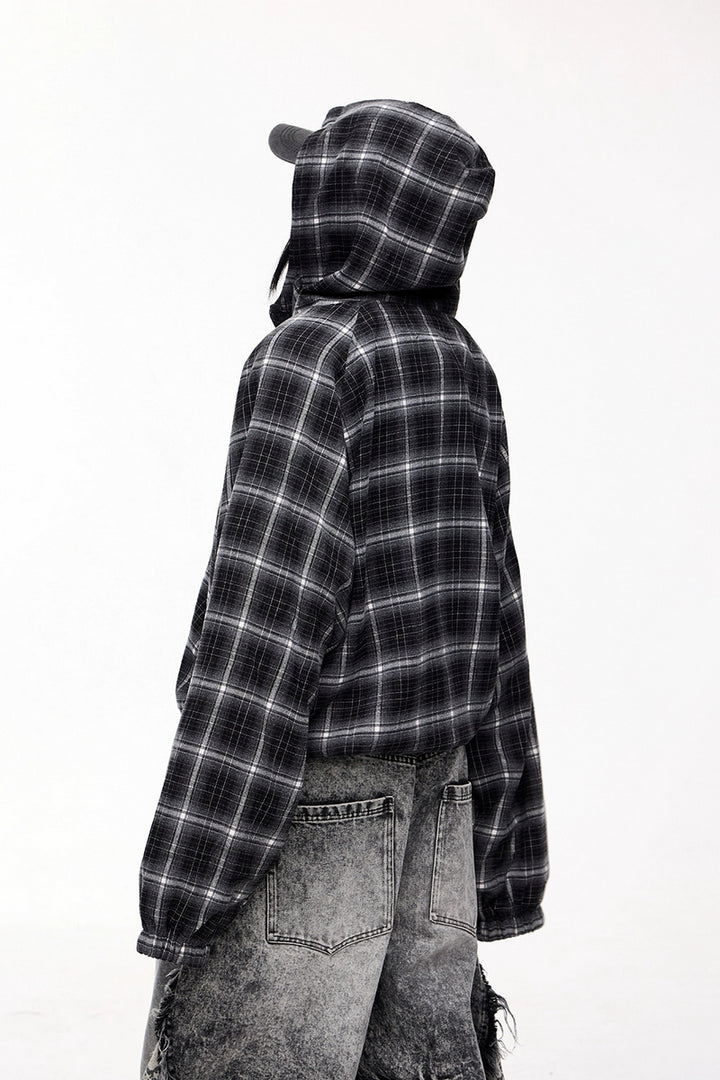 Plaid Contrast Drawstring Half-Zip Hoodie