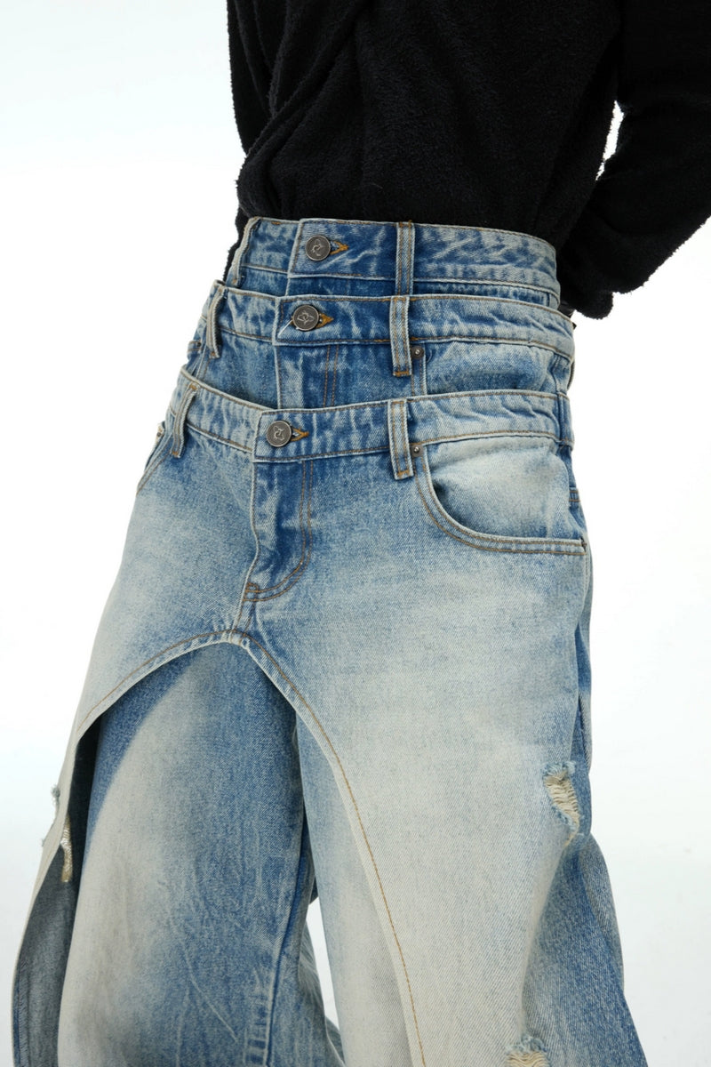 Layered Distressed Washed Blue Jeans