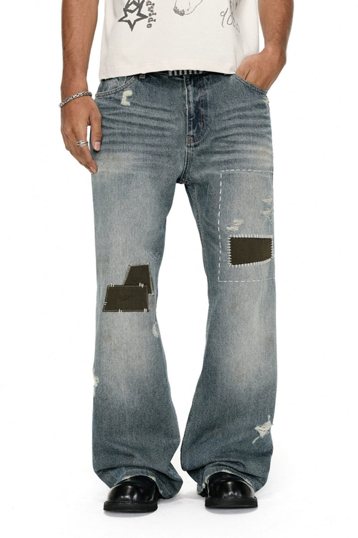 Washed Whisker Patchwork Straight Jeans