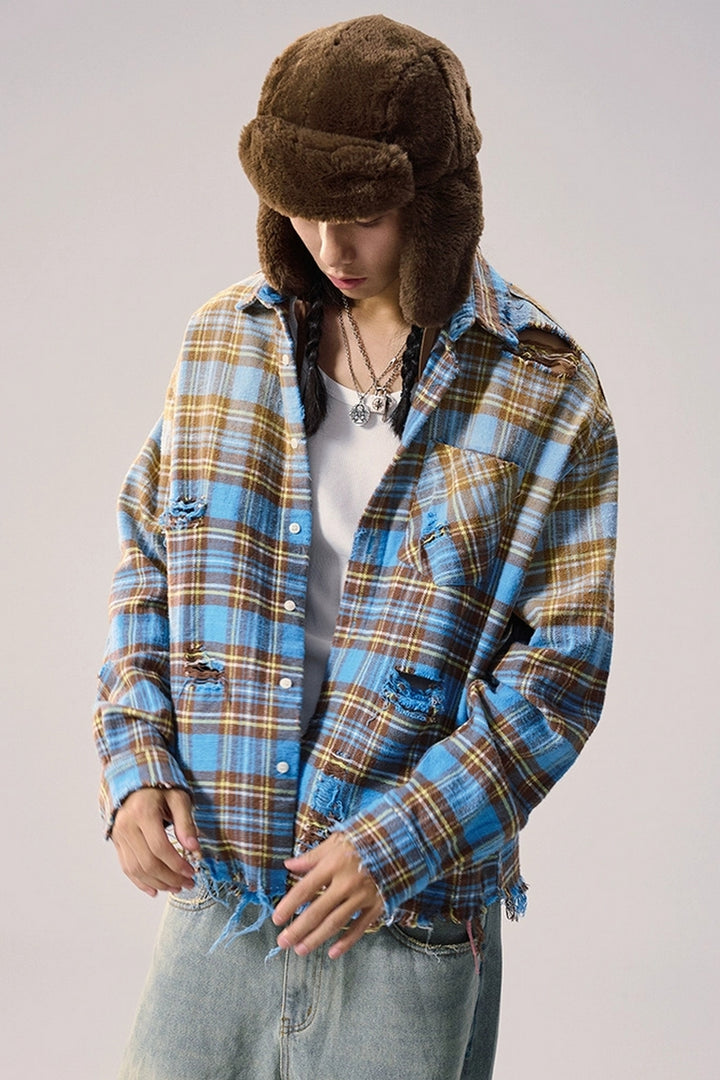 Distressed Plaid Oversized Shirt